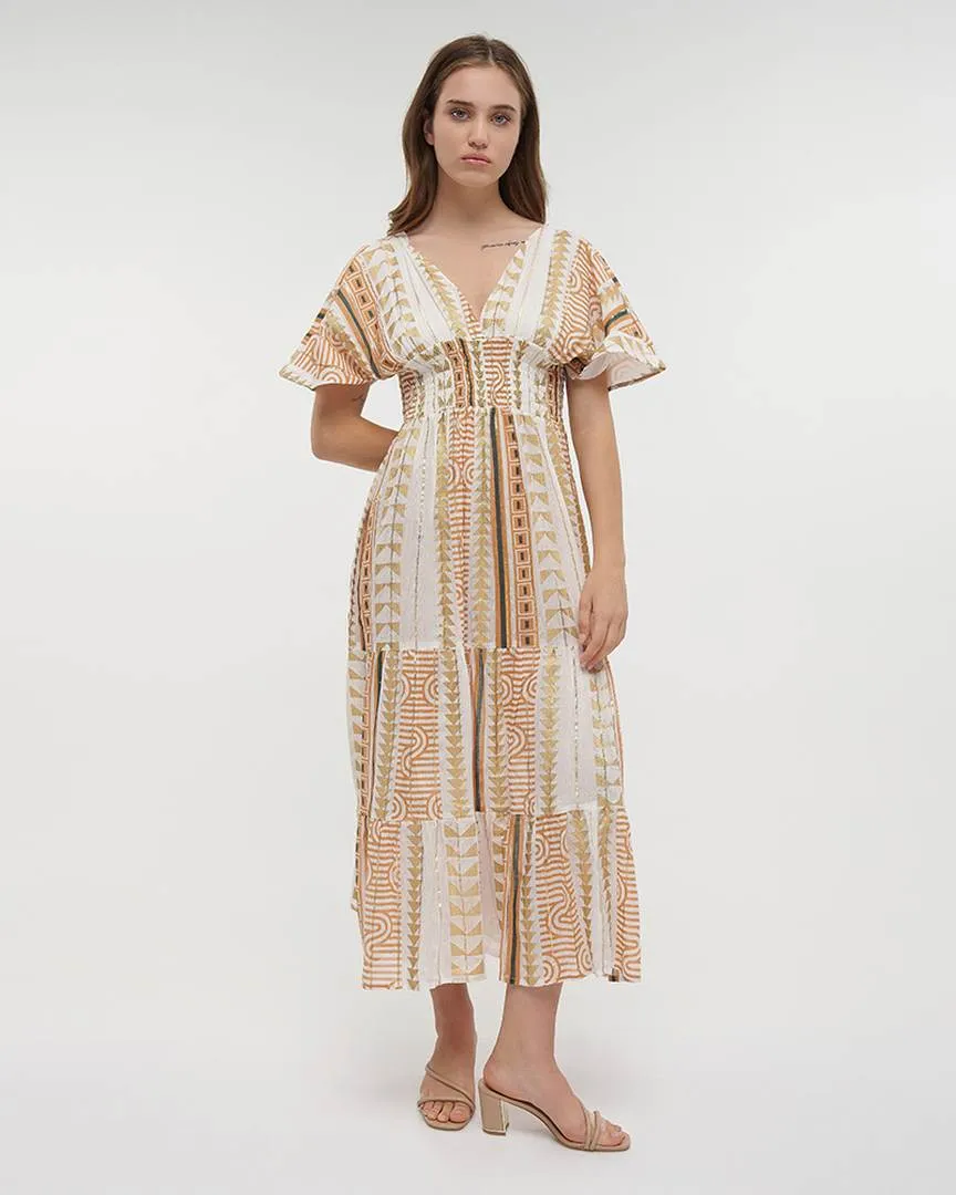 ΦΟΡΕΜΑ ΜΑΚΡΥ ΜΕ 3/4 ΜΑΝΙΚΙ ΣΕ ΛΕΥΚΟ/ΜΠΕΖ ΧΡΩΜΑ ΚΑΙ LUREX ONE SIZE (100% VISCOSE LUREX CREPE)