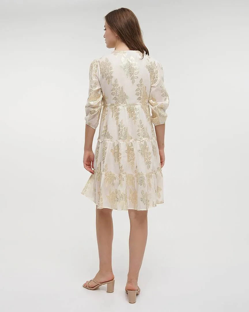 ΦΟΡΕΜΑ ΚΟΝΤΟ ΜΕ ΜΑΚΡΥ ΜΑΝΙΚΙ ΣΕ ΕΚΡΟΥ/ΧΡΥΣΟ ΧΡΩΜΑ ONE SIZE (100% COTTON JACQUARD)