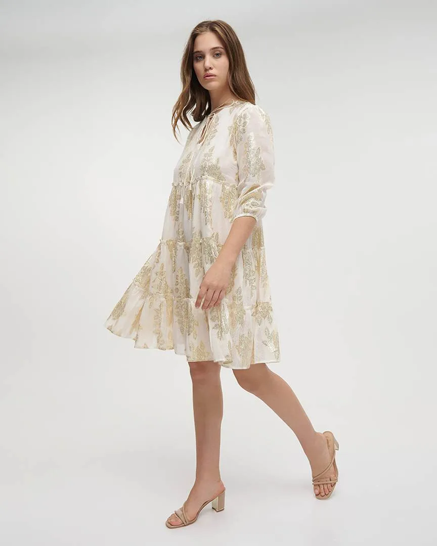 ΦΟΡΕΜΑ ΚΟΝΤΟ ΜΕ ΜΑΚΡΥ ΜΑΝΙΚΙ ΣΕ ΕΚΡΟΥ/ΧΡΥΣΟ ΧΡΩΜΑ ONE SIZE (100% COTTON JACQUARD)