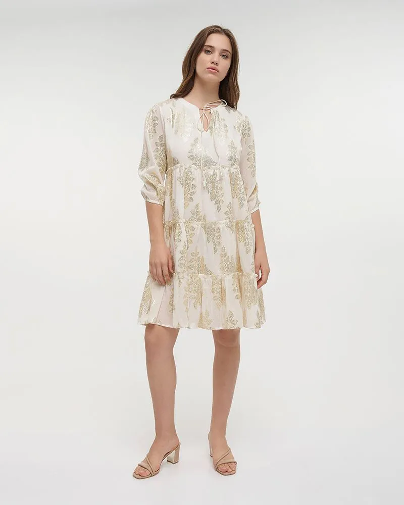 ΦΟΡΕΜΑ ΚΟΝΤΟ ΜΕ ΜΑΚΡΥ ΜΑΝΙΚΙ ΣΕ ΕΚΡΟΥ/ΧΡΥΣΟ ΧΡΩΜΑ ONE SIZE (100% COTTON JACQUARD)