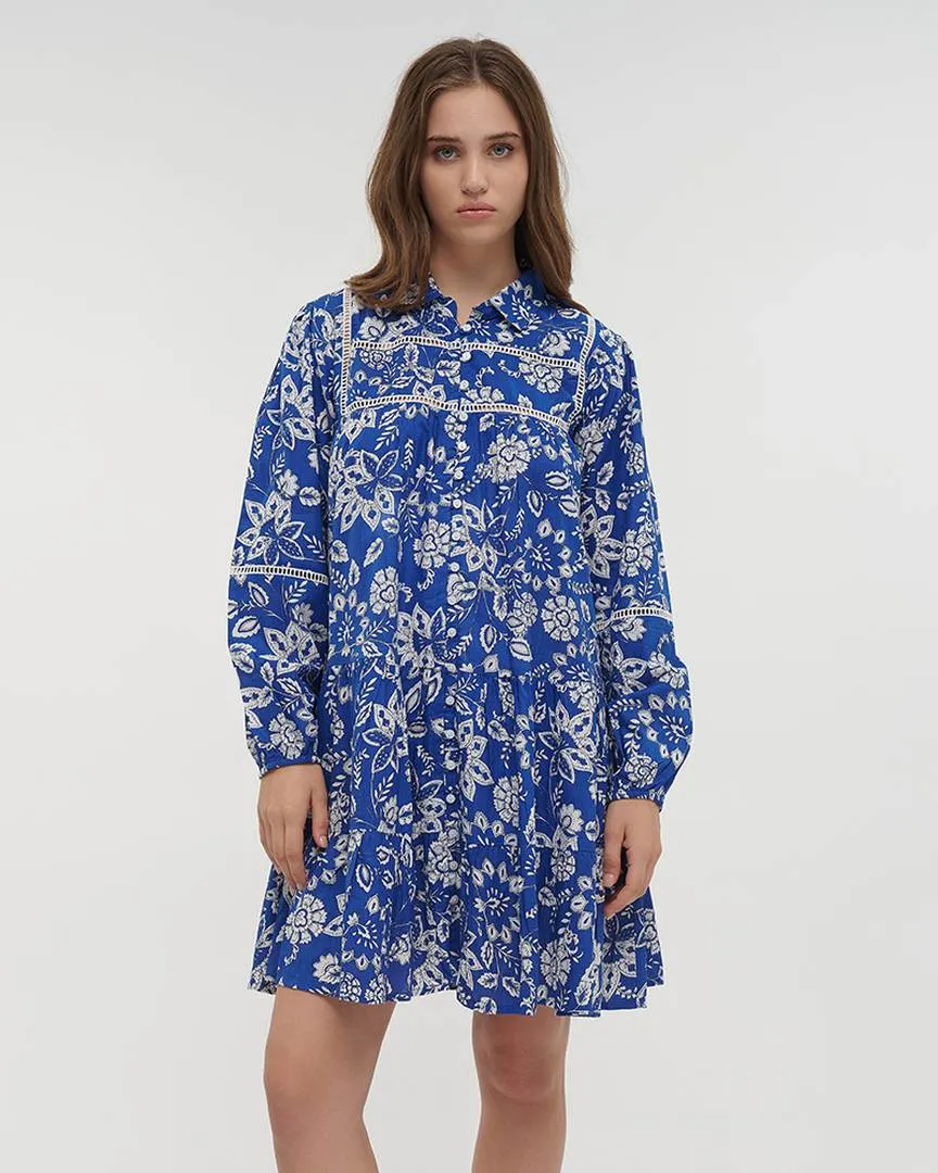 ΦΟΡΕΜΑ ΚΟΝΤΟ ΜΕ ΜΑΚΡΥ ΜΑΝΙΚΙ ΣΕ ΜΠΛΕ ΧΡΩΜΑ ΜΕ ΛΕΥΚΕΣ ΛΕΠΤΟΜΕΡΕΙΕΣ ONE SIZE (100% COTTON)