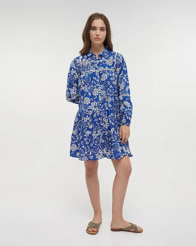 ΦΟΡΕΜΑ ΚΟΝΤΟ ΜΕ ΜΑΚΡΥ ΜΑΝΙΚΙ ΣΕ ΜΠΛΕ ΧΡΩΜΑ ΜΕ ΛΕΥΚΕΣ ΛΕΠΤΟΜΕΡΕΙΕΣ ONE SIZE (100% COTTON)