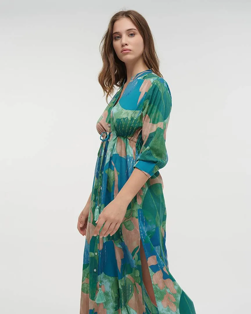 ΦΟΡΕΜΑ ΜΑΚΡΥ ΜΕ 3/4 ΜΑΝΙΚΙ ΣΕ ΜΠΛΕ/ΠΡΑΣΙΝΟ ΧΡΩΜΑ ONE SIZE (100% COTTON)