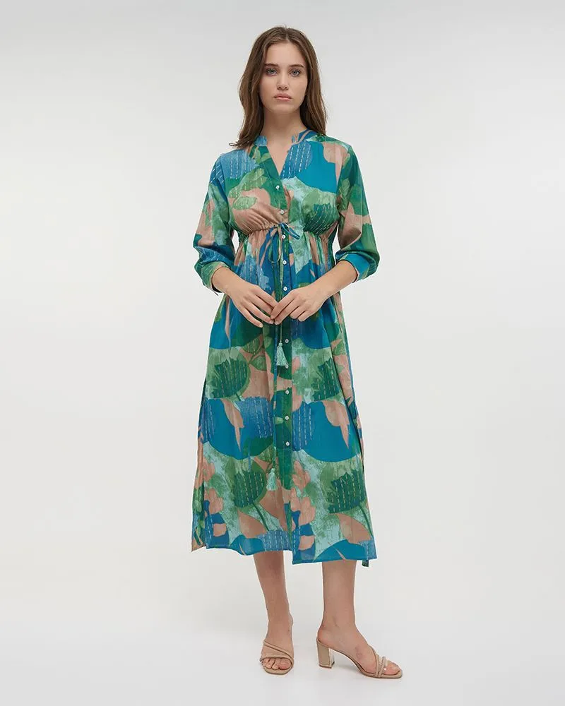 ΦΟΡΕΜΑ ΜΑΚΡΥ ΜΕ 3/4 ΜΑΝΙΚΙ ΣΕ ΜΠΛΕ/ΠΡΑΣΙΝΟ ΧΡΩΜΑ ONE SIZE (100% COTTON)