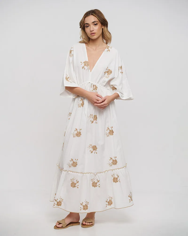 ΦΟΡΕΜΑ ΜΑΚΡΥ ΜΕ 3/4 ΜΑΝΙΚΙΙ ΛΕΥΚΟ ΜΕ ΜΠΕΖ ΚΕΝΤΗΜΑΤΑ ONE SIZE (100% COTTON)