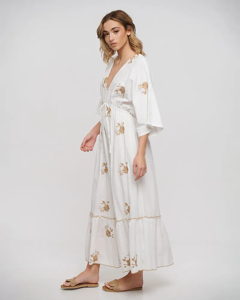 ΦΟΡΕΜΑ ΜΑΚΡΥ ΜΕ 3/4 ΜΑΝΙΚΙΙ ΛΕΥΚΟ ΜΕ ΜΠΕΖ ΚΕΝΤΗΜΑΤΑ ONE SIZE (100% COTTON)