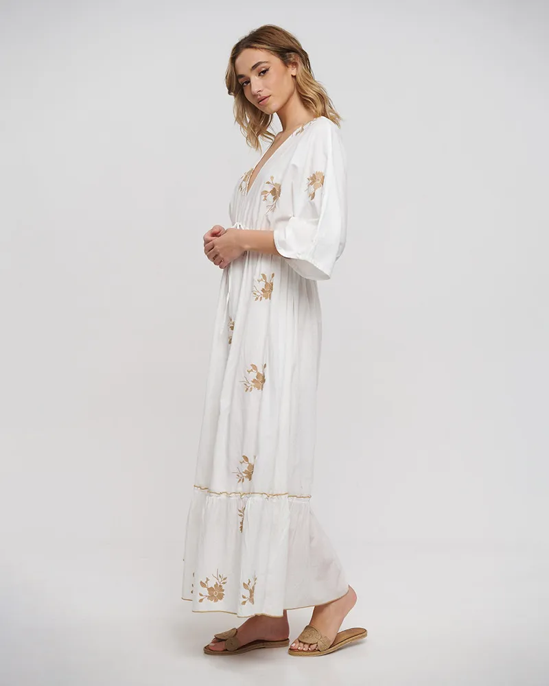 ΦΟΡΕΜΑ ΜΑΚΡΥ ΜΕ 3/4 ΜΑΝΙΚΙΙ ΛΕΥΚΟ ΜΕ ΜΠΕΖ ΚΕΝΤΗΜΑΤΑ ONE SIZE (100% COTTON)