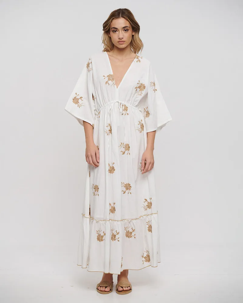 ΦΟΡΕΜΑ ΜΑΚΡΥ ΜΕ 3/4 ΜΑΝΙΚΙΙ ΛΕΥΚΟ ΜΕ ΜΠΕΖ ΚΕΝΤΗΜΑΤΑ ONE SIZE (100% COTTON)