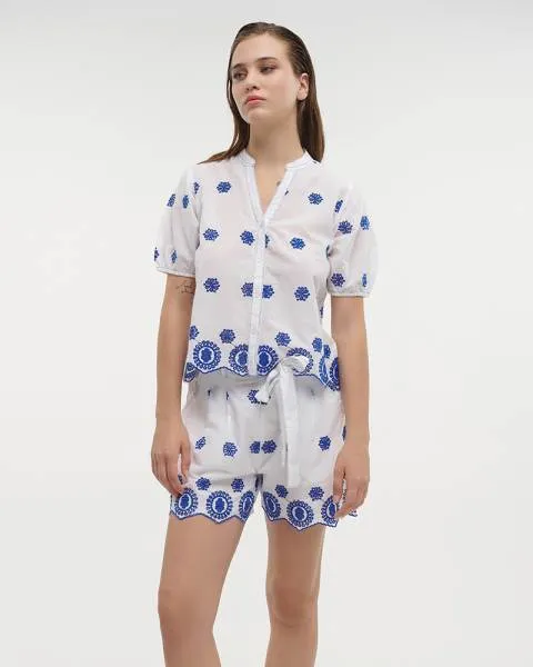 S/2 ΤΟΠ ΚΑΙ ΣΟΡΤΣ ΛΕΥΚΟ ΜΕ ΜΠΛΕ ΚΕΝΤΗΜΑΤΑ ONE SIZE (100% COTTON)