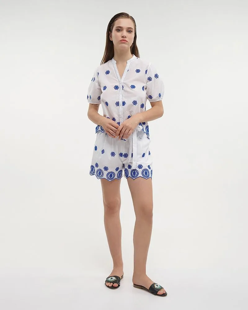 S/2 ΤΟΠ ΚΑΙ ΣΟΡΤΣ ΛΕΥΚΟ ΜΕ ΜΠΛΕ ΚΕΝΤΗΜΑΤΑ ONE SIZE (100% COTTON)