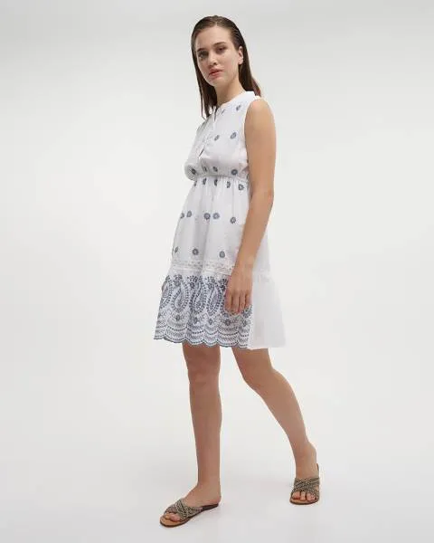 ΦΟΡΕΜΑ ΚΟΝΤΟ ΑΜΑΝΙΚΟ ΛΕΥΚΟ ΜΕ ΜΠΛΕ ΚΕΝΤΗΤΕΣ ΛΕΠΤΟΜΕΡΕΙΕΣ ONE SIZE (100% COTTON)