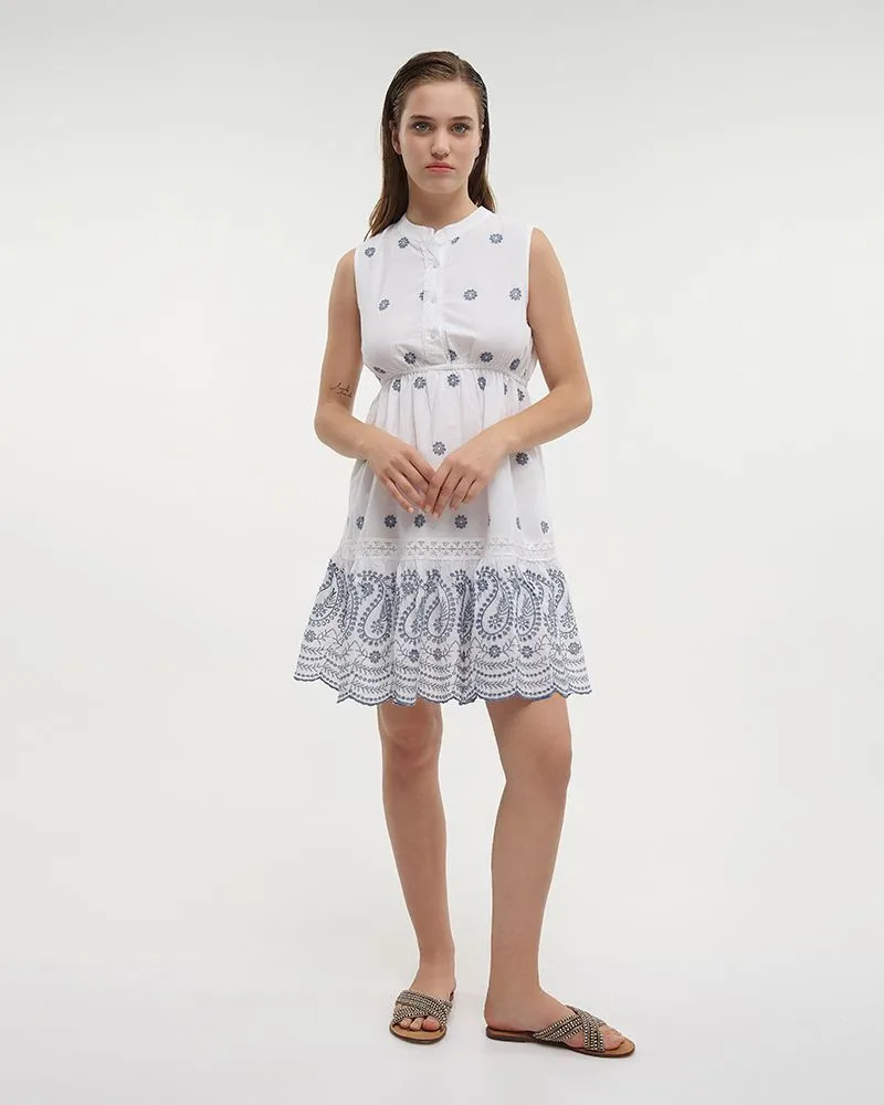 ΦΟΡΕΜΑ ΚΟΝΤΟ ΑΜΑΝΙΚΟ ΛΕΥΚΟ ΜΕ ΜΠΛΕ ΚΕΝΤΗΤΕΣ ΛΕΠΤΟΜΕΡΕΙΕΣ ONE SIZE (100% COTTON)