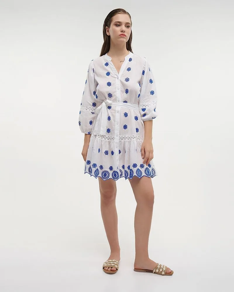 ΦΟΡΕΜΑ ΚΟΝΤΟ ΛΕΥΚΟ ΜΕ ΜΠΛΕ ΚΕΝΤΗΜΑΤΑ ONE SIZE (100% COTTON)