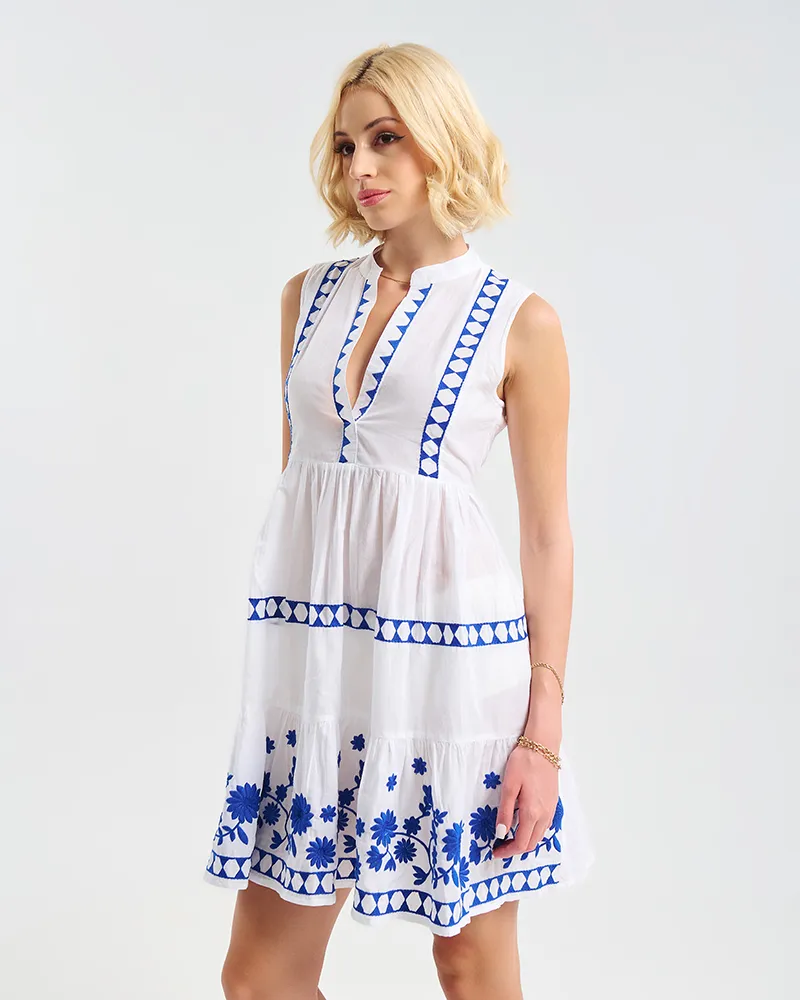 ΦΟΡΕΜΑ ΚΟΝΤΟ ΑΜΑΝΙΚΟ ΛΕΥΚΟ ΜΕ ΜΠΛΕ ΚΕΝΤΗΤΕΣ ΛΕΠΤΟΜΕΡΕΙΕΣ ONE SIZE (100% COTTON)