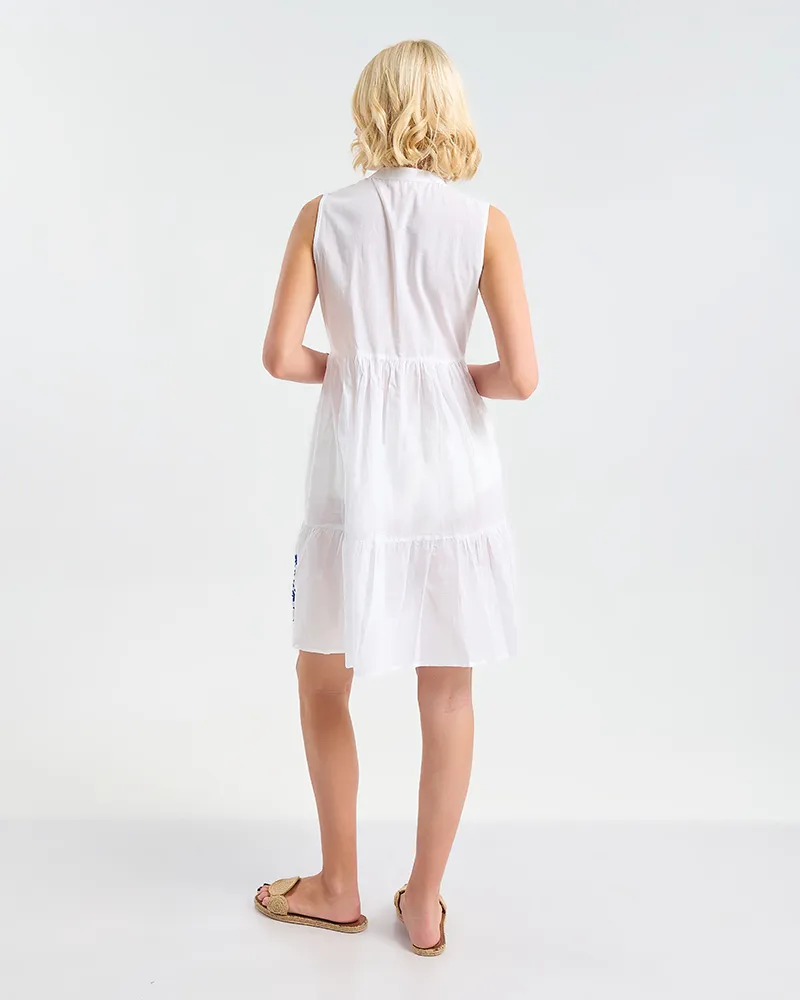 ΦΟΡΕΜΑ ΚΟΝΤΟ ΑΜΑΝΙΚΟ ΛΕΥΚΟ ΜΕ ΜΠΛΕ ΚΕΝΤΗΤΕΣ ΛΕΠΤΟΜΕΡΕΙΕΣ ONE SIZE (100% COTTON)