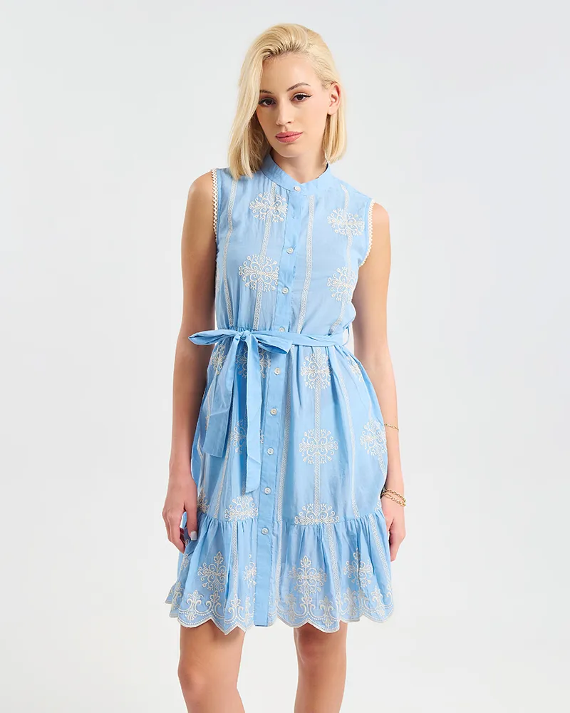 ΦΟΡΕΜΑ ΚΟΝΤΟ ΑΜΑΝΙΚΟ ΜΠΛΕ ΜΕ ΛΕΥΚΟ ΚΕΝΤΗΤΕΣ ΛΕΠΤΟΜΕΡΕΙΕΣ ΚΑΙ ΖΩΝΑΚΙ ONE SIZE (100% COTTON)