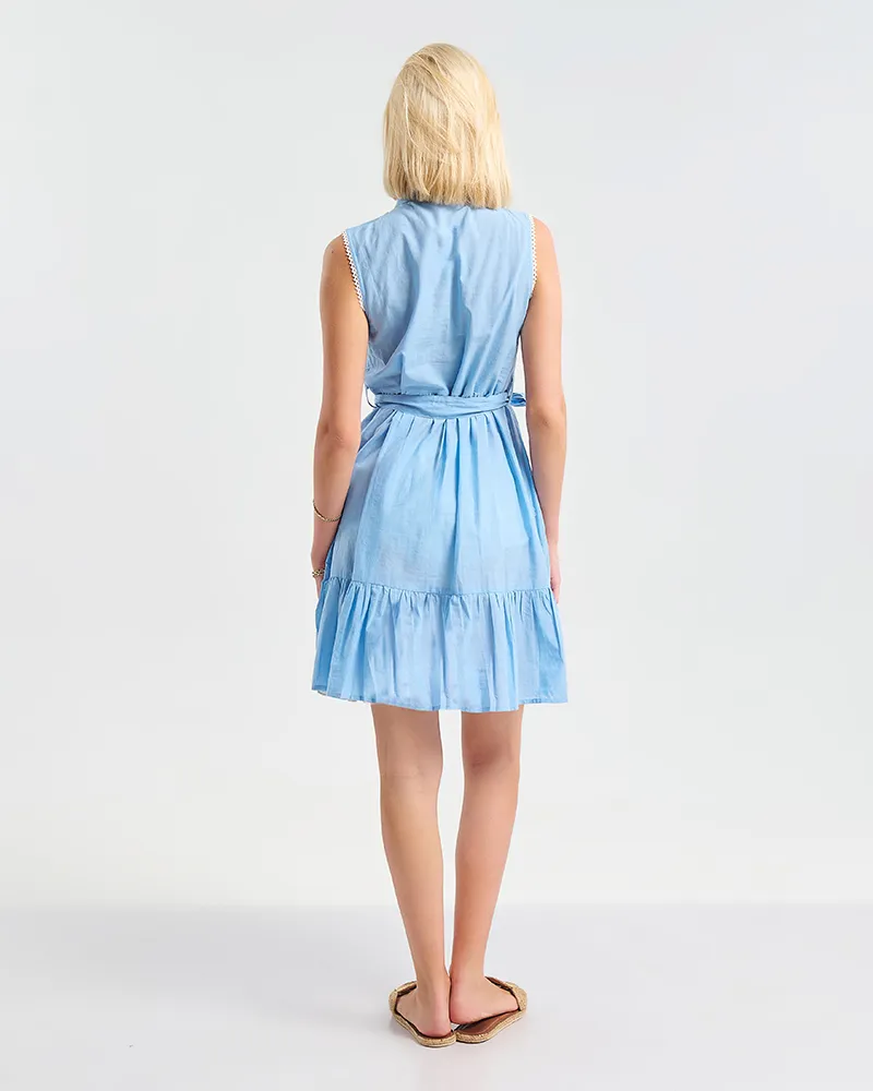 ΦΟΡΕΜΑ ΚΟΝΤΟ ΑΜΑΝΙΚΟ ΜΠΛΕ ΜΕ ΛΕΥΚΟ ΚΕΝΤΗΤΕΣ ΛΕΠΤΟΜΕΡΕΙΕΣ ΚΑΙ ΖΩΝΑΚΙ ONE SIZE (100% COTTON)