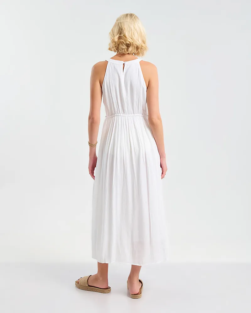 ΦΟΡΕΜΑ ΜΑΚΡΥ ΑΜΑΝΙΚΟ ΛΕΥΚΟ ΜΕ ΜΑΥΡΕΣ ΚΕΝΤΗΤΕΣ ΛΕΠΤΟΜΕΡΕΙΕΣ ONE SIZE (100% VISCOSE)