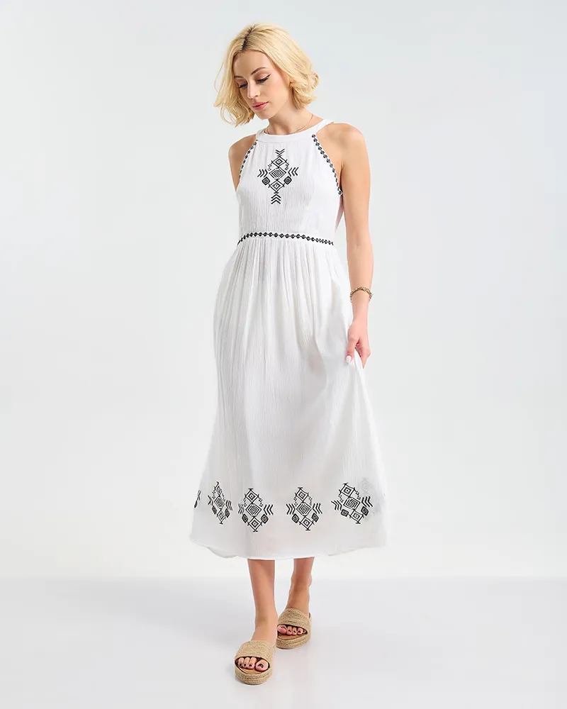 ΦΟΡΕΜΑ ΜΑΚΡΥ ΑΜΑΝΙΚΟ ΛΕΥΚΟ ΜΕ ΜΑΥΡΕΣ ΚΕΝΤΗΤΕΣ ΛΕΠΤΟΜΕΡΕΙΕΣ ONE SIZE (100% VISCOSE)