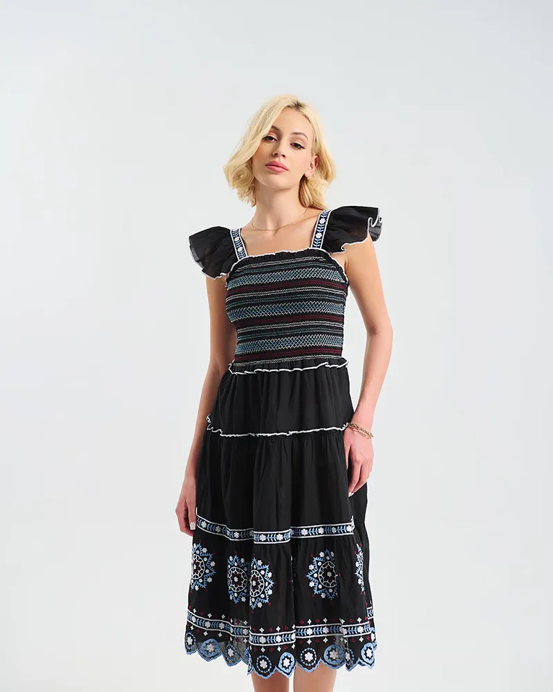 ΦΟΡΕΜΑ ΜΑΚΡΥ ΑΜΑΝΙΚΟ ΜΑΥΡΟ ΜΕ ΜΠΛΕ ΚΕΝΤΗΤΕΣ ΛΕΠΤΟΜΕΡΕΙΕΣ ONE SIZE (100% COTTON)