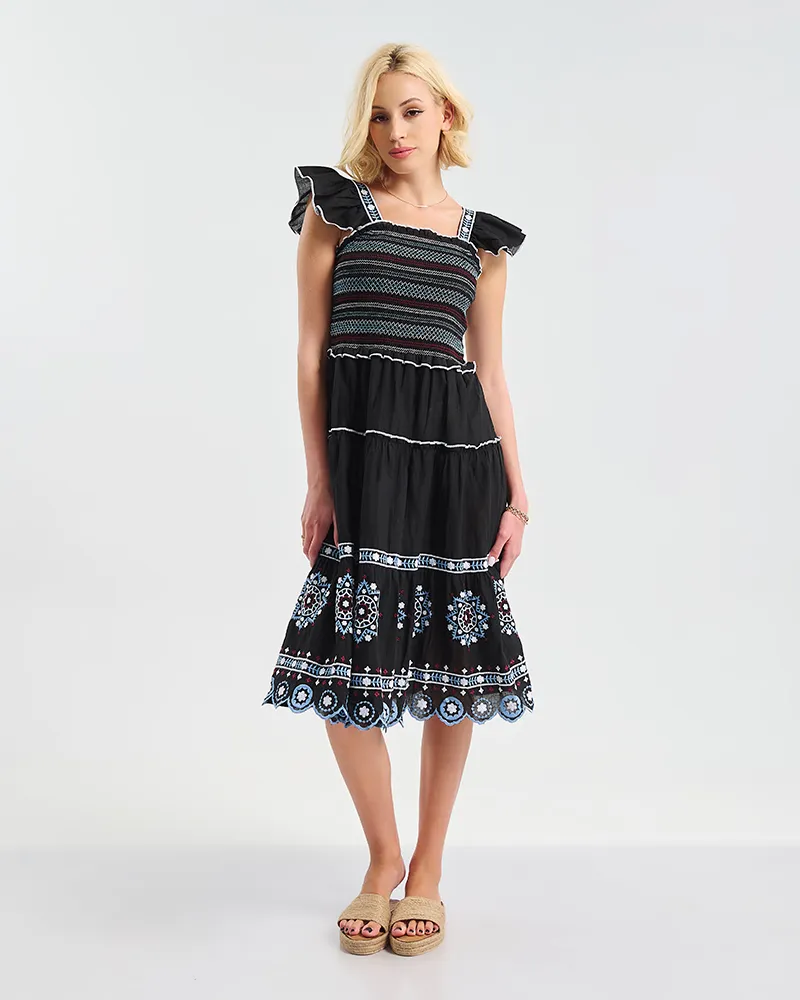 ΦΟΡΕΜΑ ΜΑΚΡΥ ΑΜΑΝΙΚΟ ΜΑΥΡΟ ΜΕ ΜΠΛΕ ΚΕΝΤΗΤΕΣ ΛΕΠΤΟΜΕΡΕΙΕΣ ONE SIZE (100% COTTON)