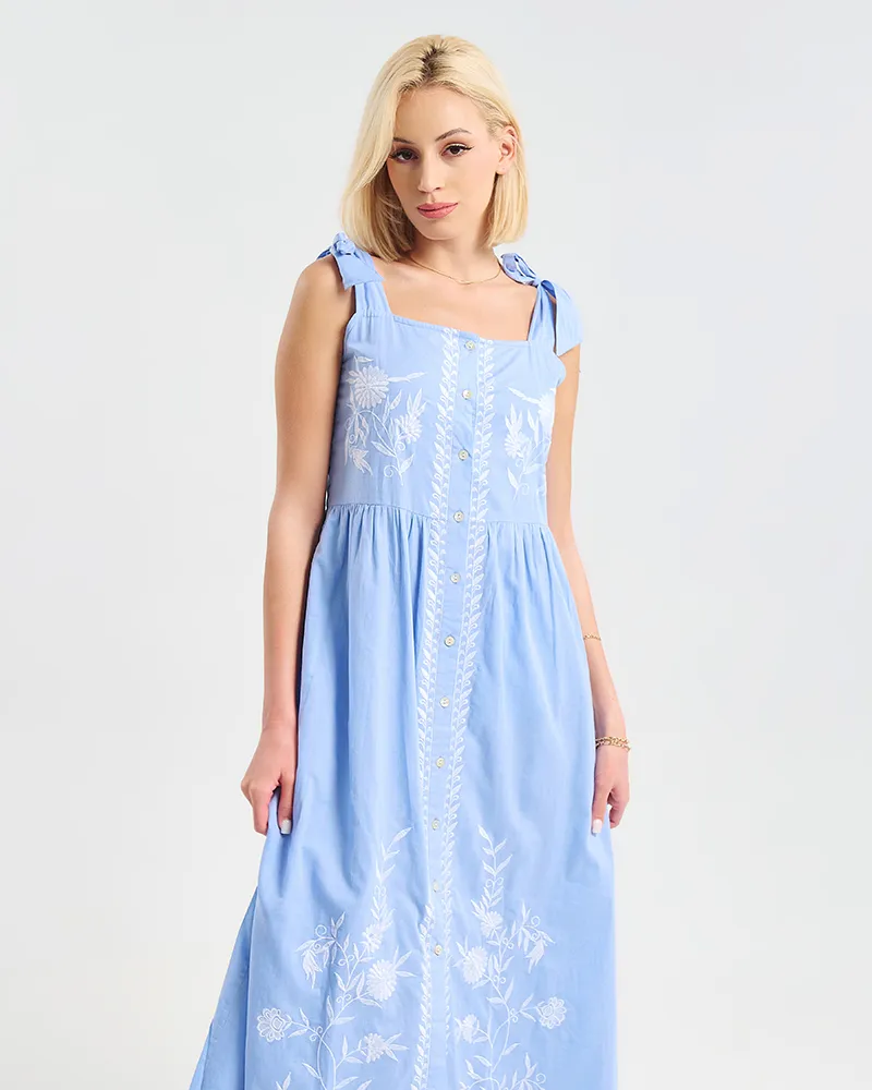 ΦΟΡΕΜΑ ΜΑΚΡΥ ΑΜΑΝΙΚΟ ΜΠΛΕ ΜΕ ΛΕΥΚΕΣ ΚΕΝΤΗΤΕΣ ΛΕΠΤΟΜΕΡΕΙΕΣ ONE SIZE (100% COTTON)