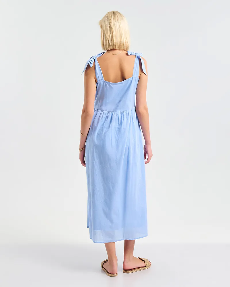 ΦΟΡΕΜΑ ΜΑΚΡΥ ΑΜΑΝΙΚΟ ΜΠΛΕ ΜΕ ΛΕΥΚΕΣ ΚΕΝΤΗΤΕΣ ΛΕΠΤΟΜΕΡΕΙΕΣ ONE SIZE (100% COTTON)