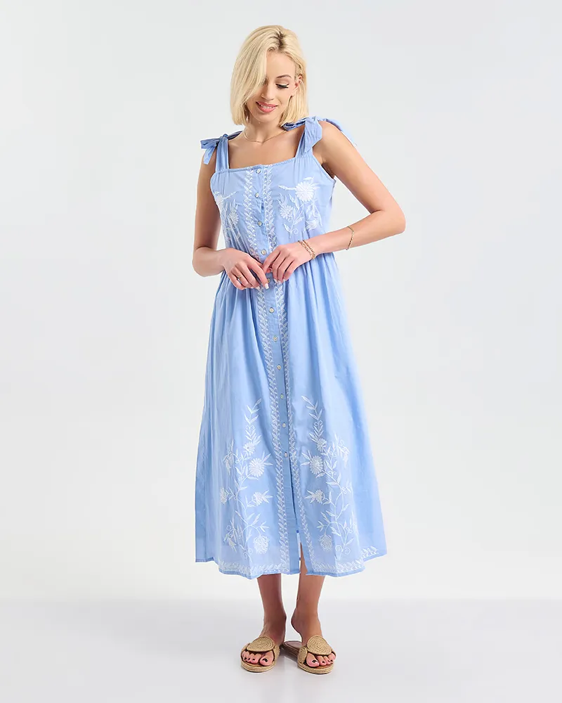 ΦΟΡΕΜΑ ΜΑΚΡΥ ΑΜΑΝΙΚΟ ΜΠΛΕ ΜΕ ΛΕΥΚΕΣ ΚΕΝΤΗΤΕΣ ΛΕΠΤΟΜΕΡΕΙΕΣ ONE SIZE (100% COTTON)