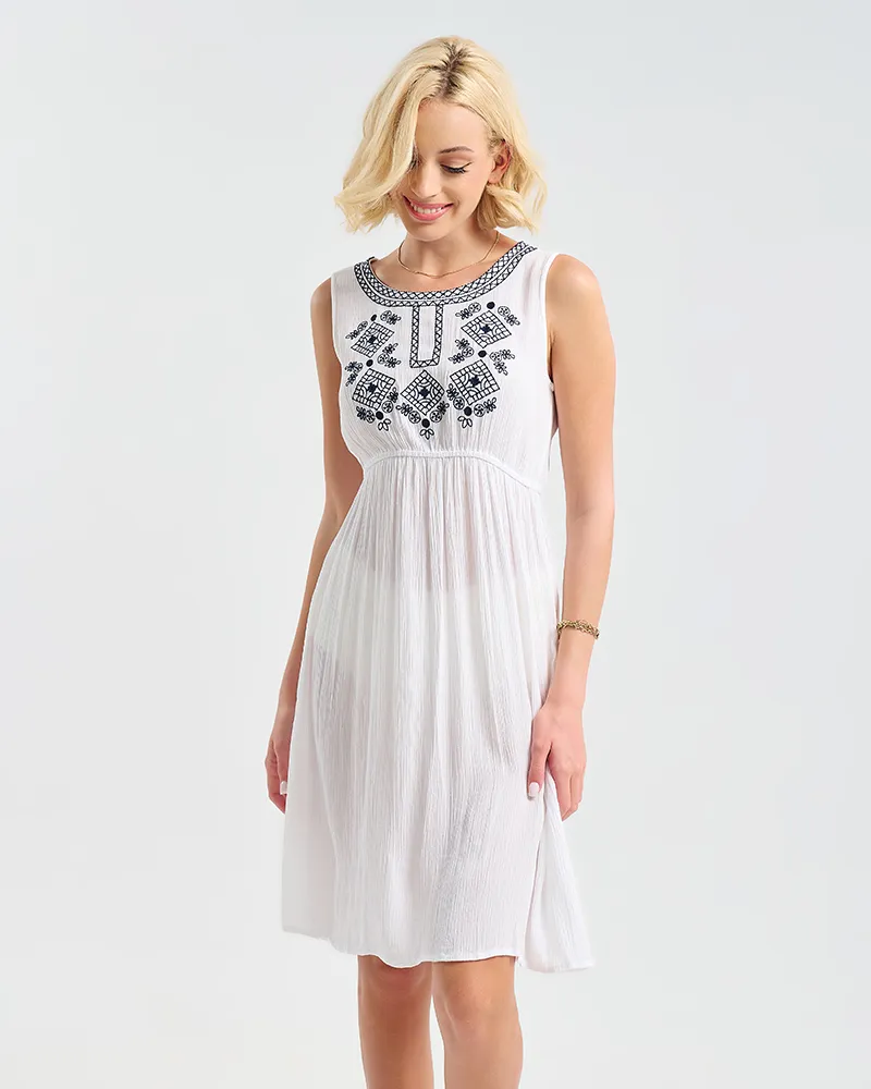 ΦΟΡΕΜΑ ΚΟΝΤΟ ΑΜΑΝΙΚΟ ΛΕΥΚΟ ΜΕ ΜΑΥΡΕΣ ΚΕΝΤΗΤΕΣ ΛΕΠΤΟΜΕΡΕΙΕΣ ONE SIZE (100% VISCOSE).