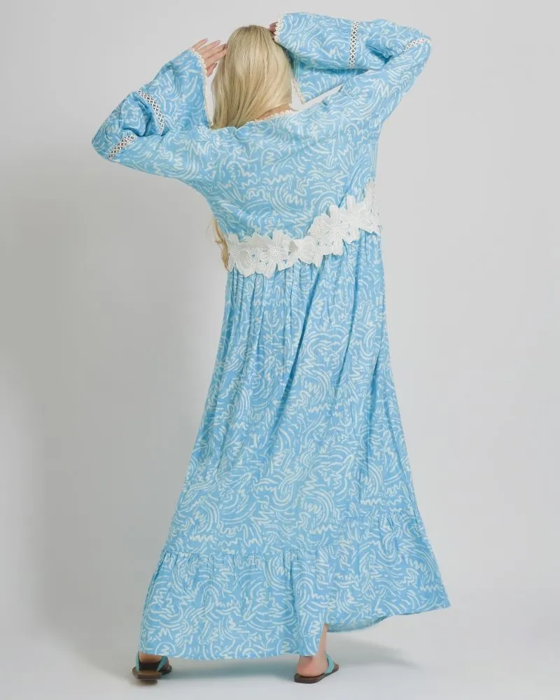 ΦΟΡΕΜΑ/ΚΙΜΟΝΟ ΜΕ ΜΑΚΡΥ ΜΑΝΙΚΙ ΣΕ ΤΥΡΚΟΥΑΖ ΧΡΩΜΑ ΜΕ  ΛΕΥΚΑ ΣΧΕΔΙΑ ONE SIZE  (100% COTTON)