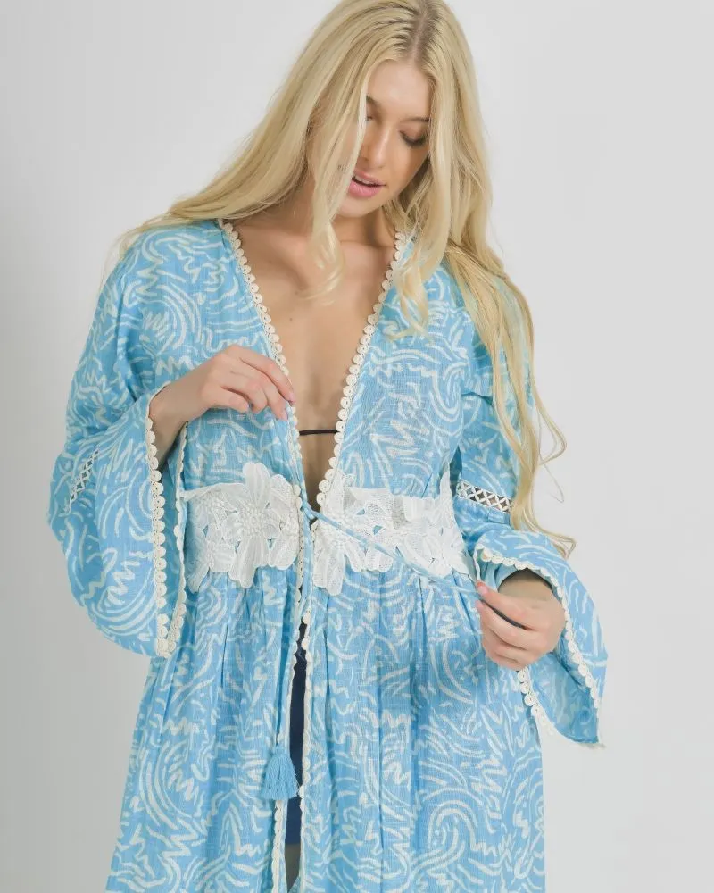 ΦΟΡΕΜΑ/ΚΙΜΟΝΟ ΜΕ ΜΑΚΡΥ ΜΑΝΙΚΙ ΣΕ ΤΥΡΚΟΥΑΖ ΧΡΩΜΑ ΜΕ  ΛΕΥΚΑ ΣΧΕΔΙΑ ONE SIZE  (100% COTTON)