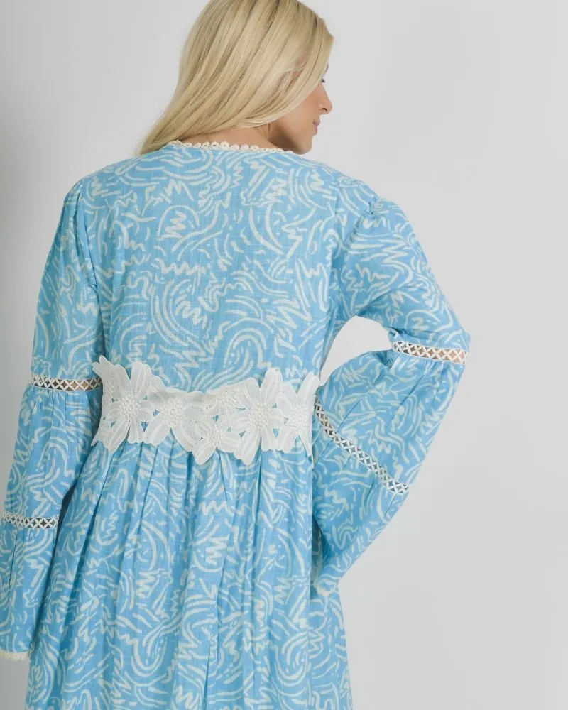 ΦΟΡΕΜΑ/ΚΙΜΟΝΟ ΜΕ ΜΑΚΡΥ ΜΑΝΙΚΙ ΣΕ ΤΥΡΚΟΥΑΖ ΧΡΩΜΑ ΜΕ  ΛΕΥΚΑ ΣΧΕΔΙΑ ONE SIZE  (100% COTTON)