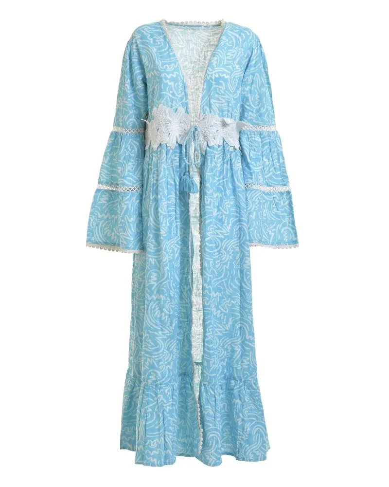 ΦΟΡΕΜΑ/ΚΙΜΟΝΟ ΜΕ ΜΑΚΡΥ ΜΑΝΙΚΙ ΣΕ ΤΥΡΚΟΥΑΖ ΧΡΩΜΑ ΜΕ  ΛΕΥΚΑ ΣΧΕΔΙΑ ONE SIZE  (100% COTTON)