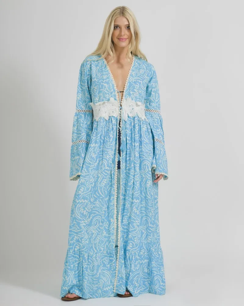 ΦΟΡΕΜΑ/ΚΙΜΟΝΟ ΜΕ ΜΑΚΡΥ ΜΑΝΙΚΙ ΣΕ ΤΥΡΚΟΥΑΖ ΧΡΩΜΑ ΜΕ  ΛΕΥΚΑ ΣΧΕΔΙΑ ONE SIZE  (100% COTTON)