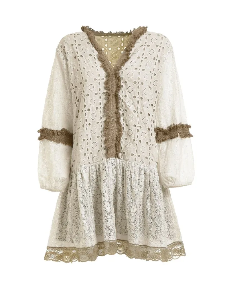 ΦΟΡΕΜΑ ΜΕ ΜΑΚΡΥ ΜΑΝΙΚΙ ΣΕ ΜΠΕΖ ΧΡΩΜΑ ME ΔΑΝΤΕΛΑ ONE SIZE  (100% COTTON) .