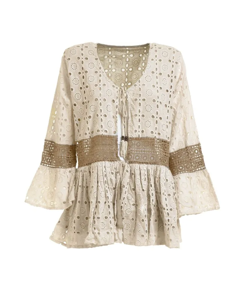 ΚΙΜΟΝΟ ΚΟΝΤΟ ΜΕ ΜΑΚΡΥ ΜΑΝΙΚΙ ΣΕ ΜΠΕΖ ΧΡΩΜΑ ME ΔΑΝΤΕΛΑ ONE SIZE  (100% COTTON) .