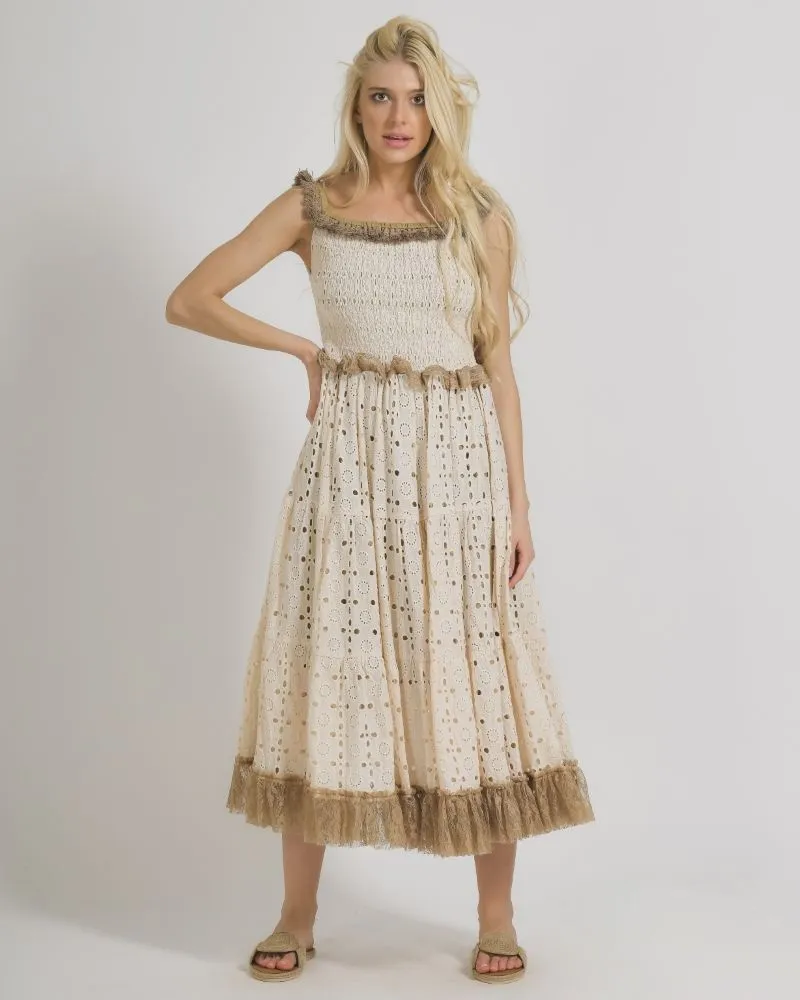 ΦΟΡΕΜΑ ΑΜΑΝΙΚΟ ΣΕ ΜΠΕΖ ΧΡΩΜΑ ME ΔΑΝΤΕΛΑ ONE SIZE  (100% COTTON) .