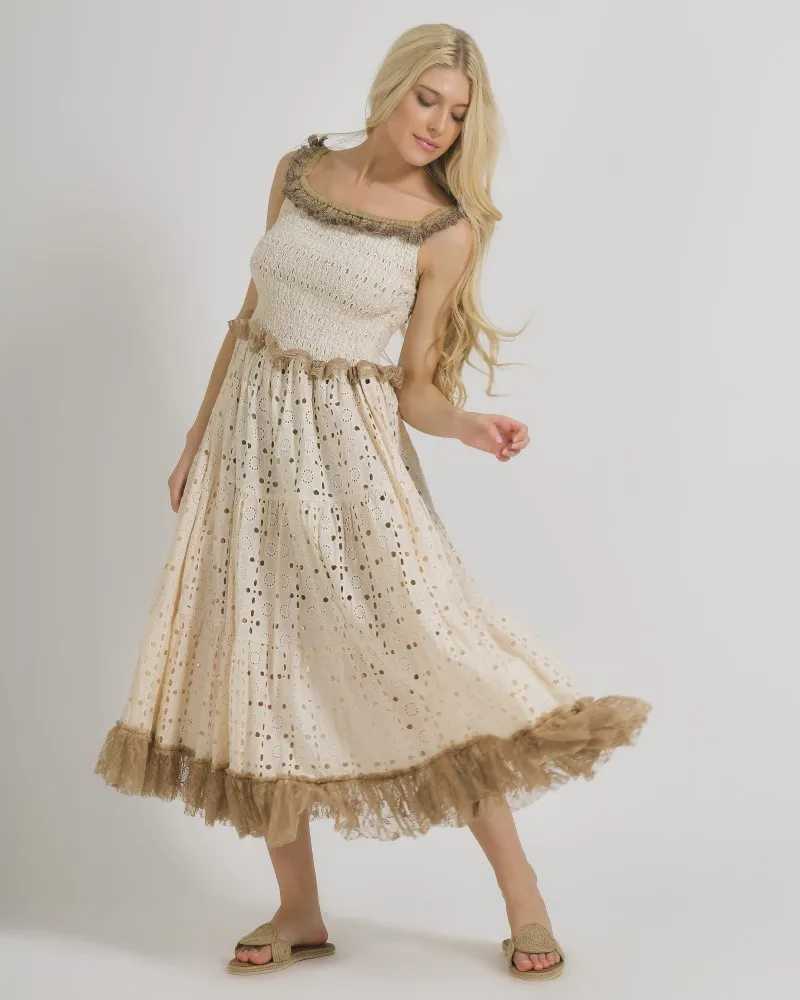 ΦΟΡΕΜΑ ΑΜΑΝΙΚΟ ΣΕ ΜΠΕΖ ΧΡΩΜΑ ME ΔΑΝΤΕΛΑ ONE SIZE  (100% COTTON) .