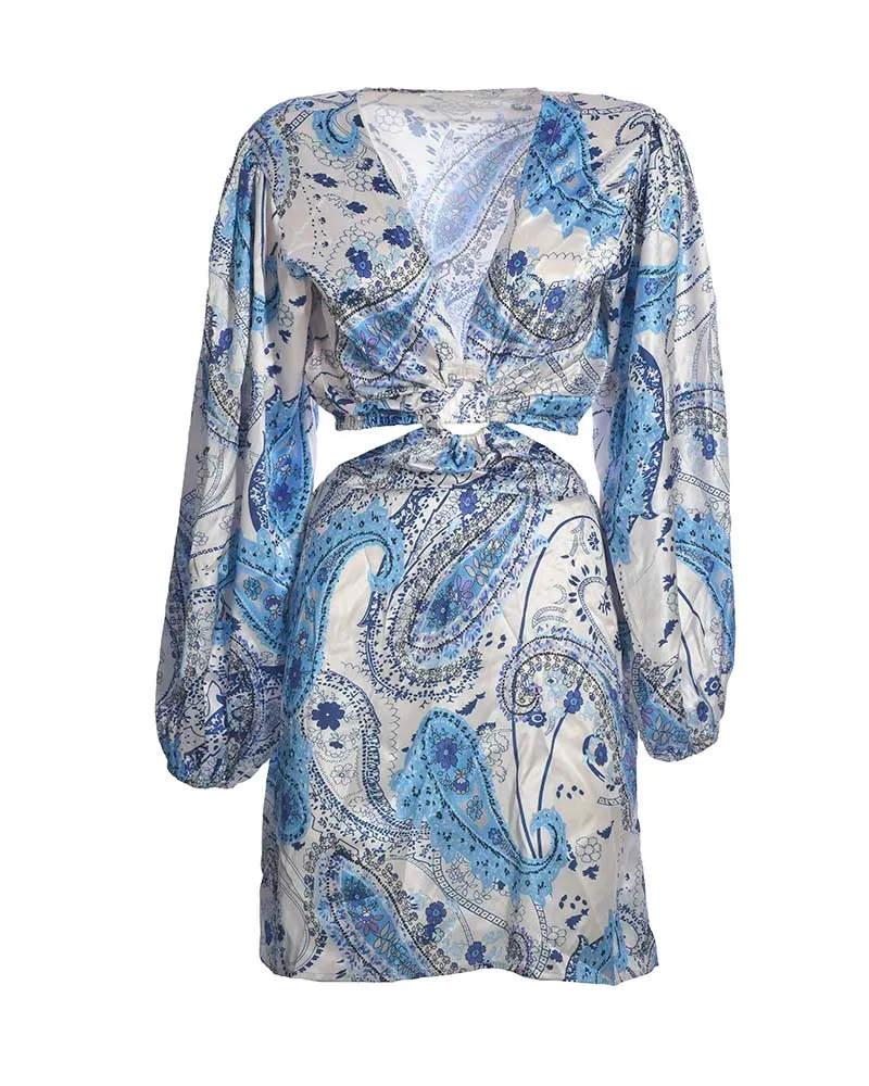 ΦΟΡΕΜΑ ΚΟΝΤΟ ΜΕ ΑΝΟΙΓΜΑ ΣΤΗ ΜΕΣΗ ΣΕ ΜΠΛΕ/ΛΕΥΚΟ ΧΡΩΜΑ ΜΕ ΣΧΕΔΙΑ ONE SIZE ( POLYSATIN)