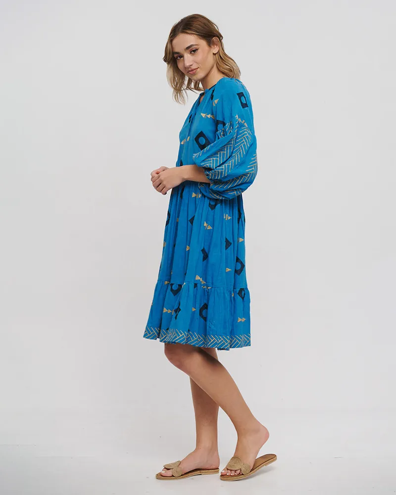 ΦΟΡΕΜΑ ΚΟΝΤΟ ΜΕ ΜΑΚΡΥ ΜΑΝΙΚΙ ΜΠΛΕ ΜΕ ΚΕΝΤΗΤΕΣ ΛΕΠΤΟΜΕΡΕΙΕΣ ONE SIZE ( 100% COTTON)