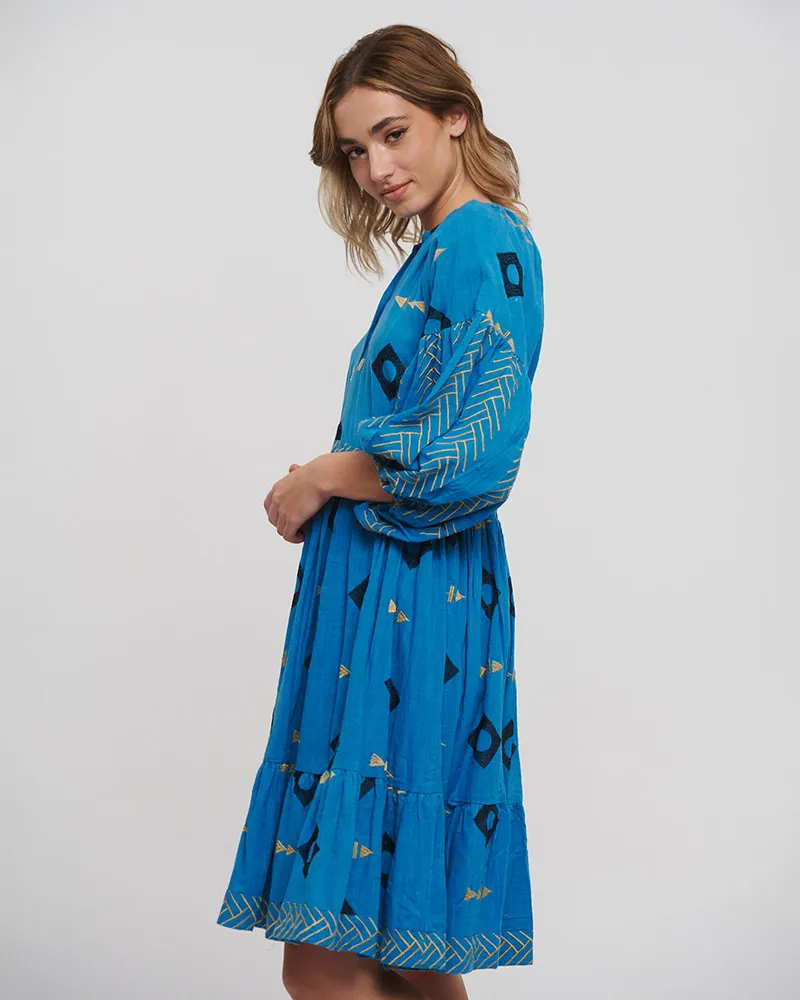 ΦΟΡΕΜΑ ΚΟΝΤΟ ΜΕ ΜΑΚΡΥ ΜΑΝΙΚΙ ΜΠΛΕ ΜΕ ΚΕΝΤΗΤΕΣ ΛΕΠΤΟΜΕΡΕΙΕΣ ONE SIZE ( 100% COTTON)