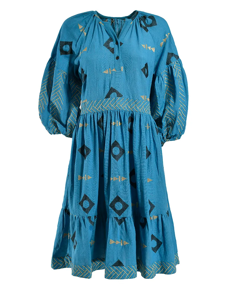 ΦΟΡΕΜΑ ΚΟΝΤΟ ΜΕ ΜΑΚΡΥ ΜΑΝΙΚΙ ΜΠΛΕ ΜΕ ΚΕΝΤΗΤΕΣ ΛΕΠΤΟΜΕΡΕΙΕΣ ONE SIZE ( 100% COTTON)