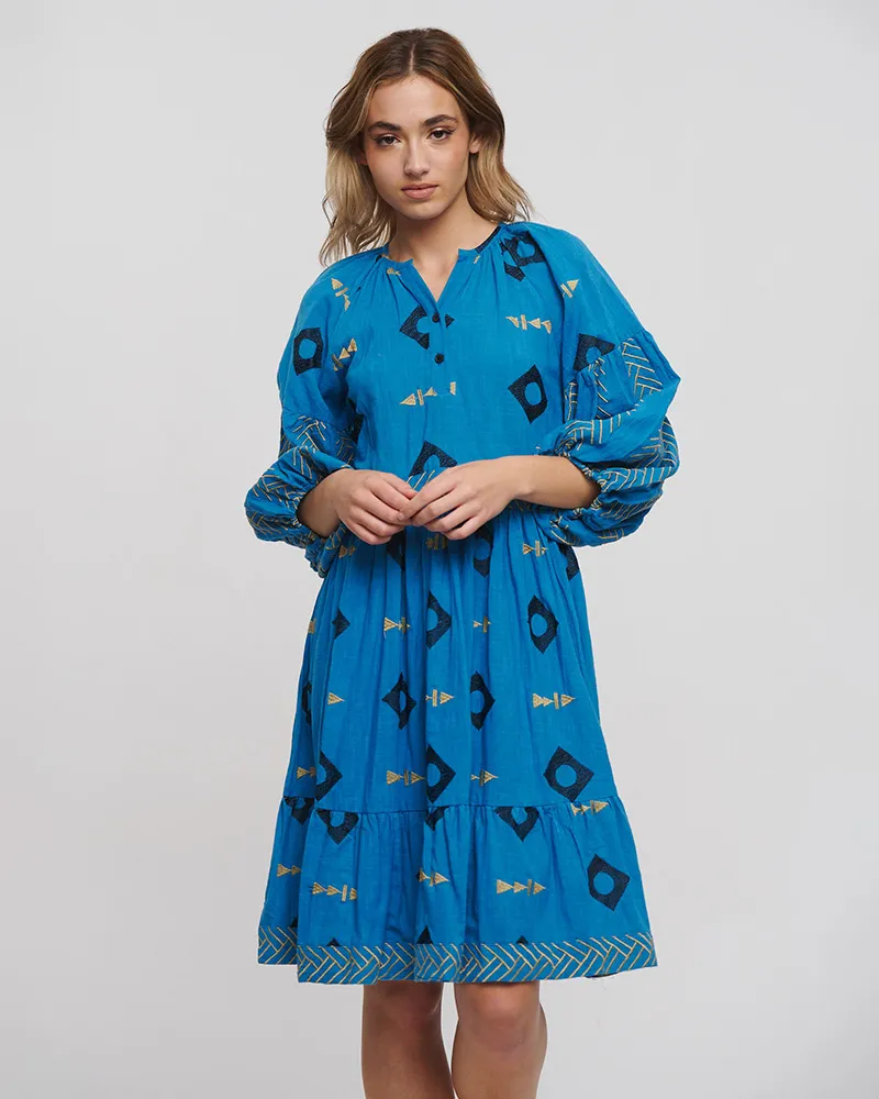 ΦΟΡΕΜΑ ΚΟΝΤΟ ΜΕ ΜΑΚΡΥ ΜΑΝΙΚΙ ΜΠΛΕ ΜΕ ΚΕΝΤΗΤΕΣ ΛΕΠΤΟΜΕΡΕΙΕΣ ONE SIZE ( 100% COTTON)