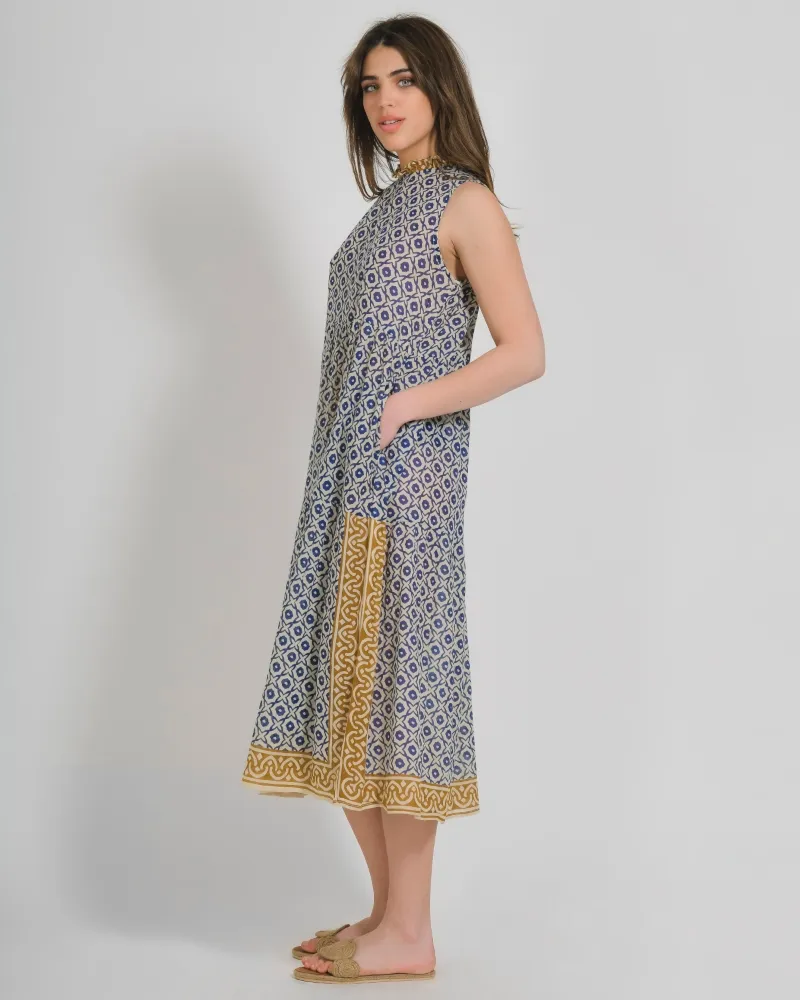 ΦΟΡΕΜΑ ΜΑΚΡΥ ΑΜΑΝΙΚΟ ΑΣΠΡΟ/ΜΠΛΕ ΜΕ ΜΟΥΣΤΑΡΔΙ ΛΕΠΤΟΜΕΡΕΙΕΣ ONE SIZE (100% COTTON)