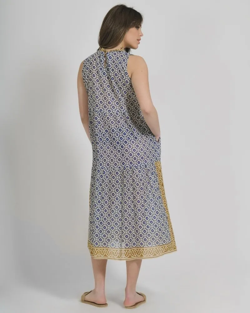 ΦΟΡΕΜΑ ΜΑΚΡΥ ΑΜΑΝΙΚΟ ΑΣΠΡΟ/ΜΠΛΕ ΜΕ ΜΟΥΣΤΑΡΔΙ ΛΕΠΤΟΜΕΡΕΙΕΣ ONE SIZE (100% COTTON)