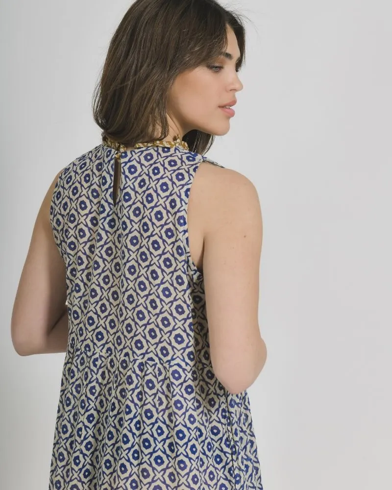 ΦΟΡΕΜΑ ΜΑΚΡΥ ΑΜΑΝΙΚΟ ΑΣΠΡΟ/ΜΠΛΕ ΜΕ ΜΟΥΣΤΑΡΔΙ ΛΕΠΤΟΜΕΡΕΙΕΣ ONE SIZE (100% COTTON)