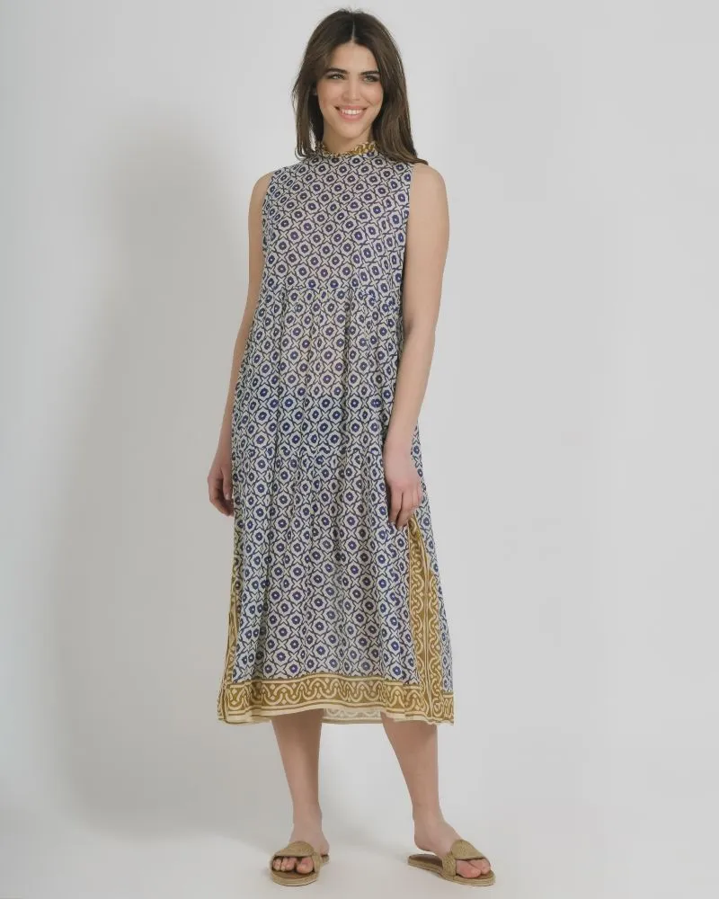 ΦΟΡΕΜΑ ΜΑΚΡΥ ΑΜΑΝΙΚΟ ΑΣΠΡΟ/ΜΠΛΕ ΜΕ ΜΟΥΣΤΑΡΔΙ ΛΕΠΤΟΜΕΡΕΙΕΣ ONE SIZE (100% COTTON)