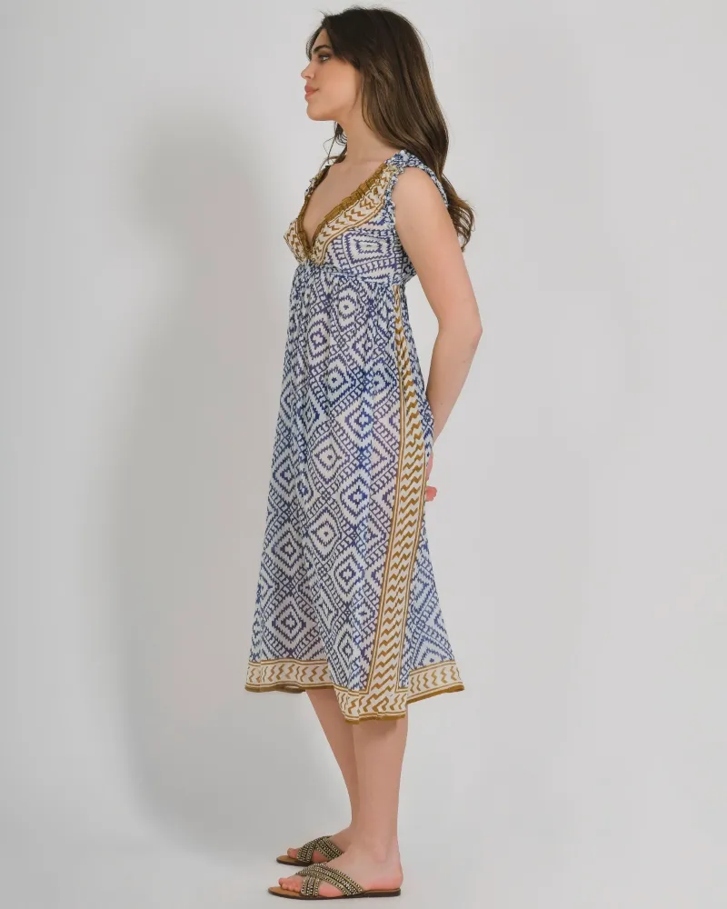 ΦΟΡΕΜΑ ΜΑΚΡΥ ΑΜΑΝΙΚΟ ΑΣΠΡΟ/ΜΠΛΕ ΜΕ ΜΟΥΣΤΑΡΔΙ ΛΕΠΤΟΜΕΡΕΙΕΣ ONE SIZE (100% COTTON).