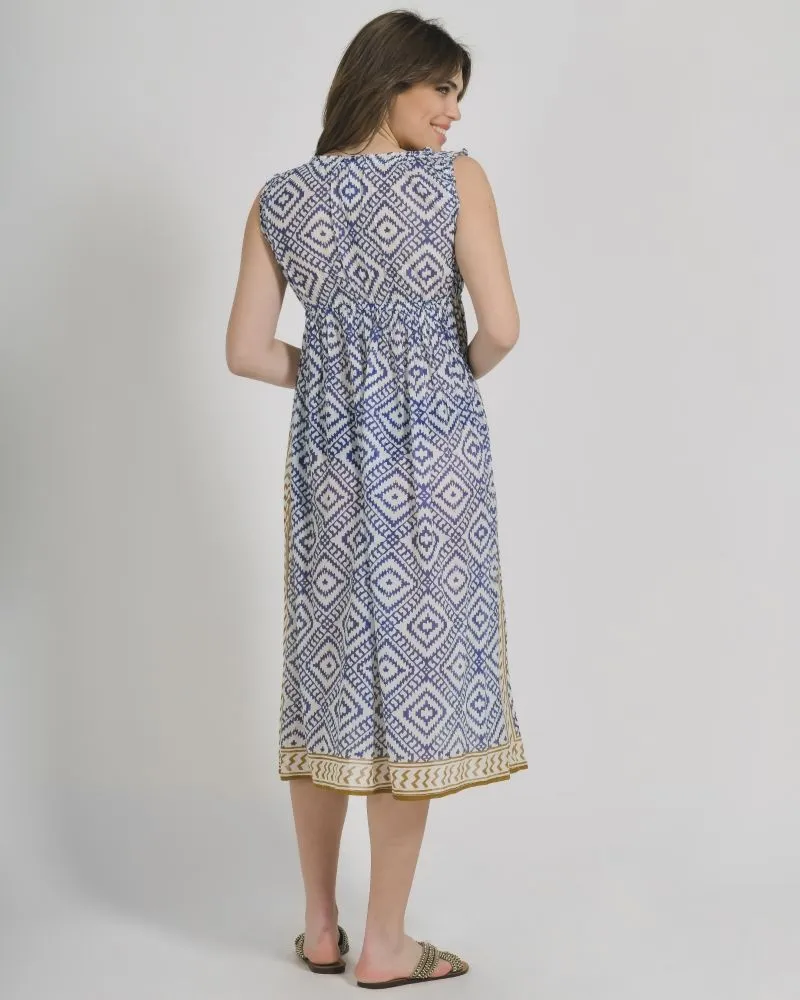 ΦΟΡΕΜΑ ΜΑΚΡΥ ΑΜΑΝΙΚΟ ΑΣΠΡΟ/ΜΠΛΕ ΜΕ ΜΟΥΣΤΑΡΔΙ ΛΕΠΤΟΜΕΡΕΙΕΣ ONE SIZE (100% COTTON).