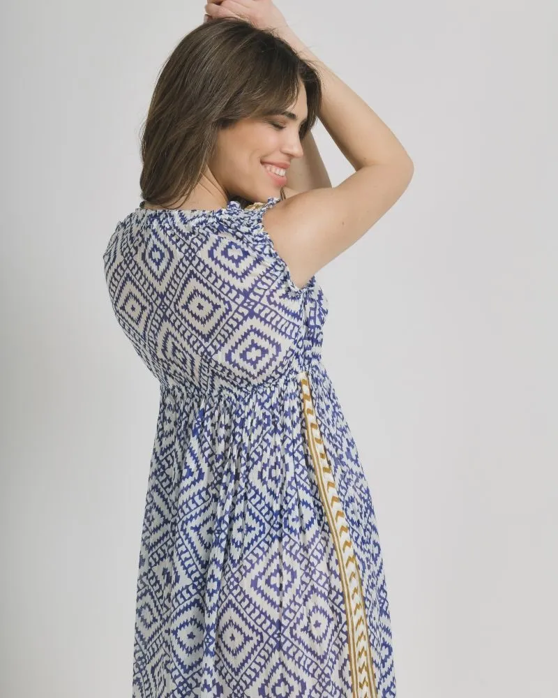 ΦΟΡΕΜΑ ΜΑΚΡΥ ΑΜΑΝΙΚΟ ΑΣΠΡΟ/ΜΠΛΕ ΜΕ ΜΟΥΣΤΑΡΔΙ ΛΕΠΤΟΜΕΡΕΙΕΣ ONE SIZE (100% COTTON).